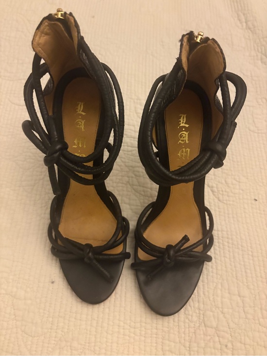 L.A.M.B. Shoes - L.A.M.B. Gwen Stefani Black Leather Strappy Knotted Heel Sandals Gold Zipper -9